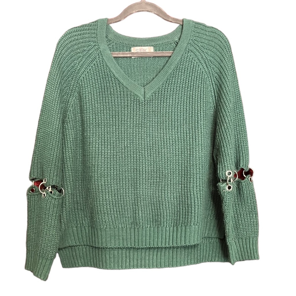 Teal Cropped Box Sweater with Chain Sleeve Detail